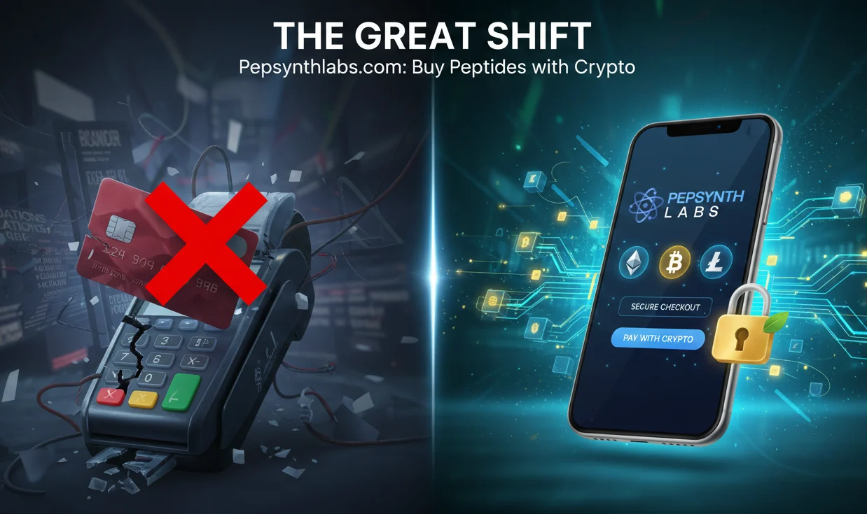 Broken payment terminal with crossed-out credit cards and smartphone displaying Pepsynth Labs cryptocurrency payment options, emphasizing the shift from traditional payments to crypto for purchasing peptides.