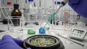 Close-up of laboratory setup showing hands with gloves using a pipette to transfer liquid to a container with colorful beads, surrounded by glassware and a digital thermometer, illustrating peptide synthesis process.