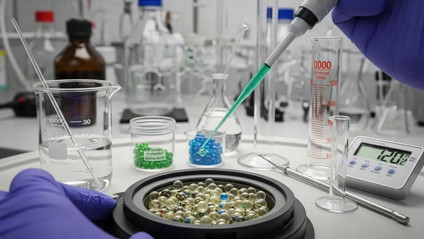Close-up of laboratory setup for peptide synthesis, featuring pipette dispensing liquid onto resin beads, with beakers and measuring equipment in the background.