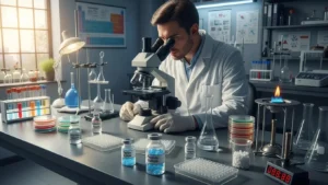 Scientist examining research peptides under a microscope in a laboratory setting, emphasizing scientific inquiry and peptide stability in experimental design.