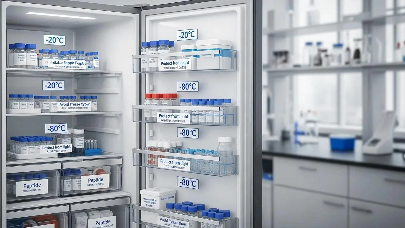 Refrigerator displaying organized peptide vials with temperature guidelines at -20°C and -80°C, emphasizing proper peptide storage practices in a laboratory setting.
