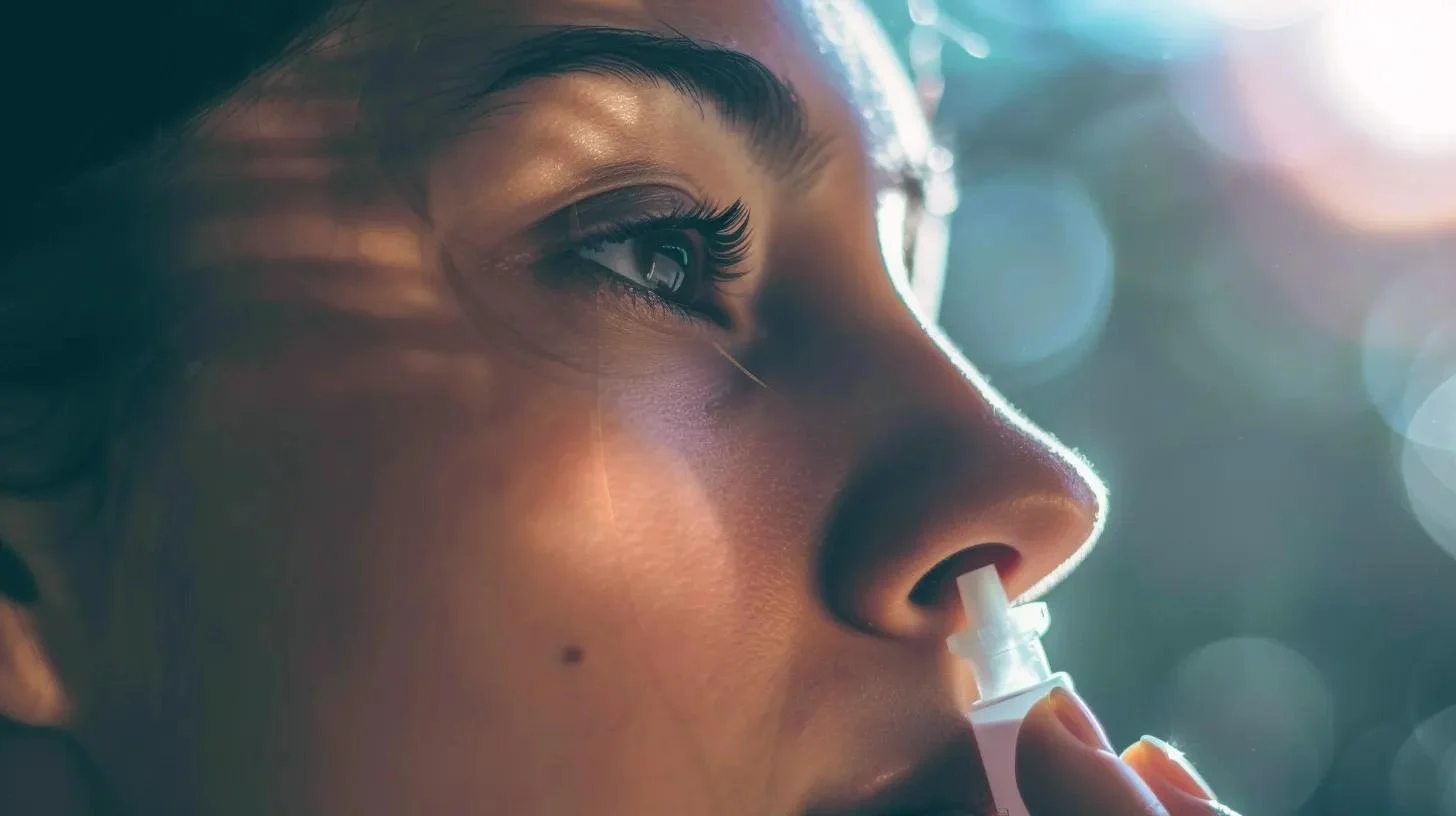 Woman administering nasal spray, highlighting Semax peptide usage for cognitive enhancement and neuroprotection.
