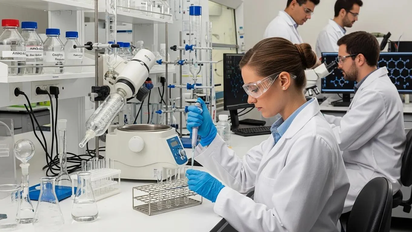 Laboratory scene with scientists synthesizing synthetic peptides, featuring a female researcher using a pipette and equipment, emphasizing quality in peptide production.