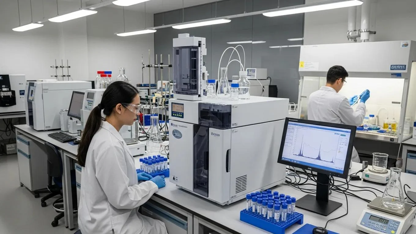Laboratory technicians conducting quality control testing on synthetic peptides using HPLC and analytical equipment, emphasizing rigorous purity verification processes at Pepsynth Labs.