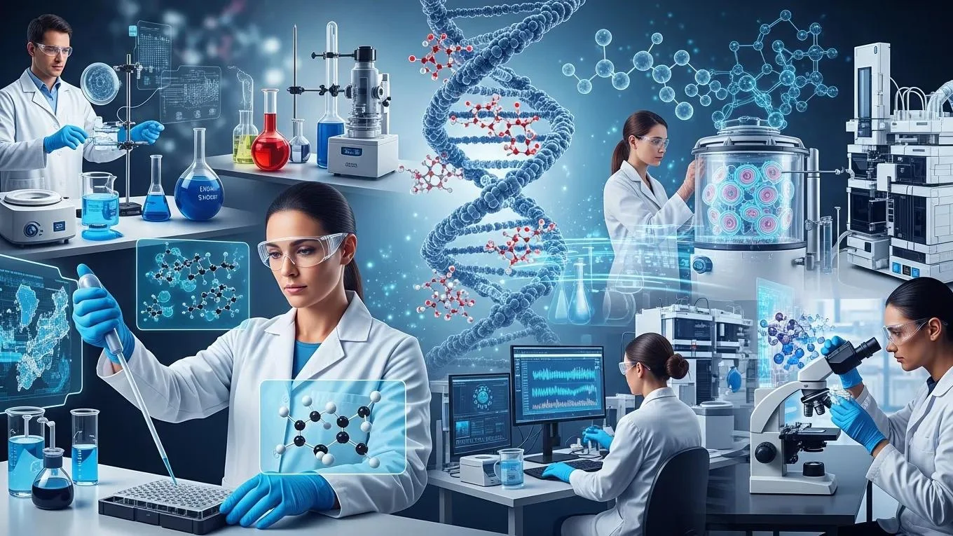 Scientists conducting research with high-purity synthetic peptides, featuring laboratory equipment, molecular structures, and data analysis, emphasizing drug development and biotechnology applications.
