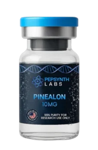 Pepsynth Labs Pinealon 10mg peptide glass vial with a blue cap. Label indicates Made in the USA and 99% purity for research use only.