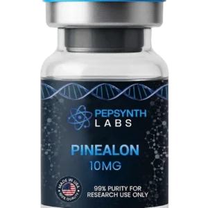 Pepsynth Labs Pinealon 10mg peptide glass vial with a blue cap. Label indicates Made in the USA and 99% purity for research use only.