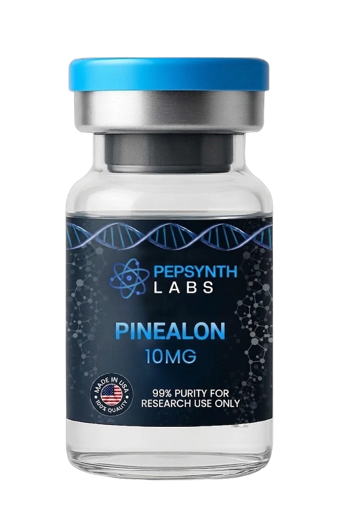 Pepsynth Labs Pinealon 10mg peptide glass vial with a blue cap. Label indicates Made in the USA and 99% purity for research use only.