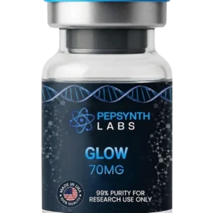 GLOW 70mg Peptide Blend glass vial by Pepsynth Labs, containing a proprietary mix of GHK-Cu, BPC-157, and TB-500 for research use