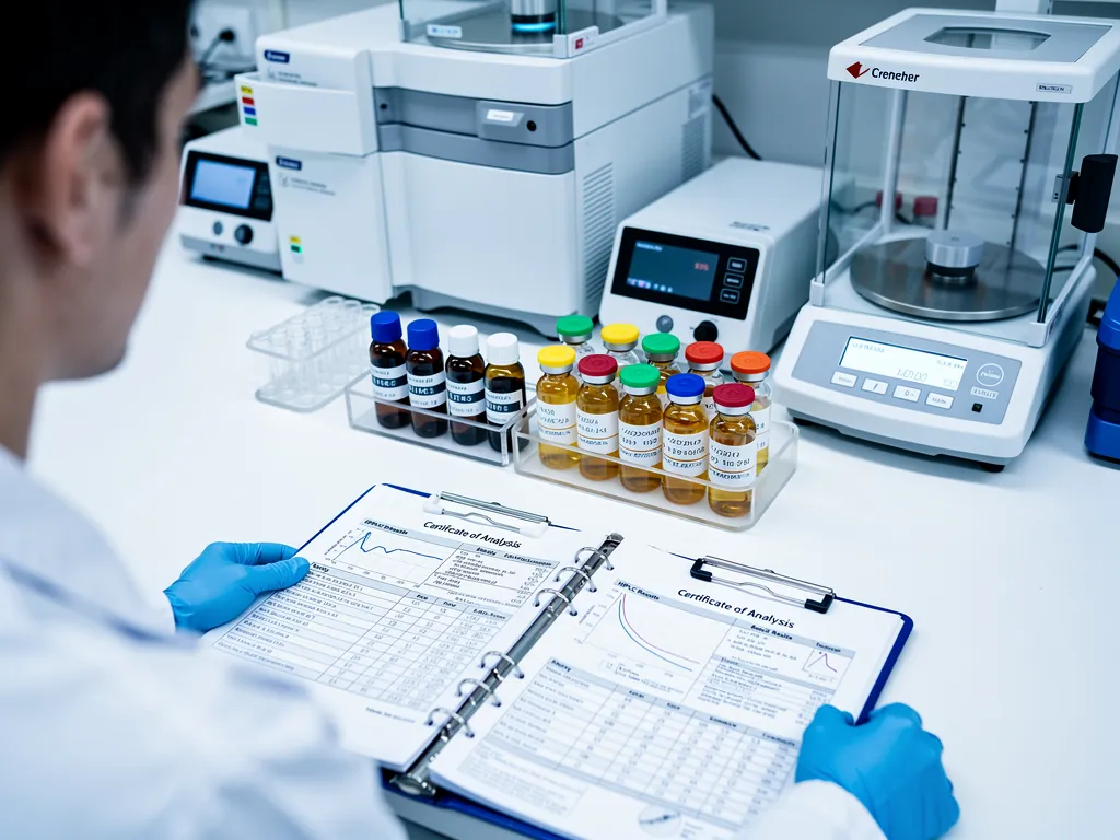 Research-grade peptide materials sourcing facility with certificates of analysis and purity verification