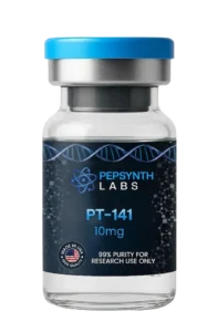 Pepsynth Labs PT-141 10mg peptide glass vial with a blue cap. Label indicates Made in the USA and 99% purity for research use only.