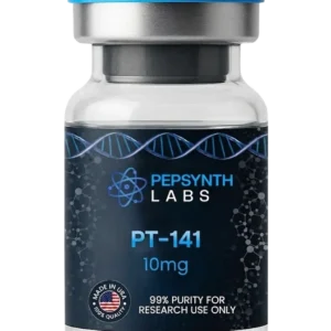 Pepsynth Labs PT-141 10mg peptide glass vial with a blue cap. Label indicates Made in the USA and 99% purity for research use only.