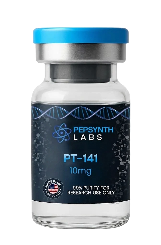 Pepsynth Labs PT-141 10mg peptide glass vial with a blue cap. Label indicates Made in the USA and 99% purity for research use only.